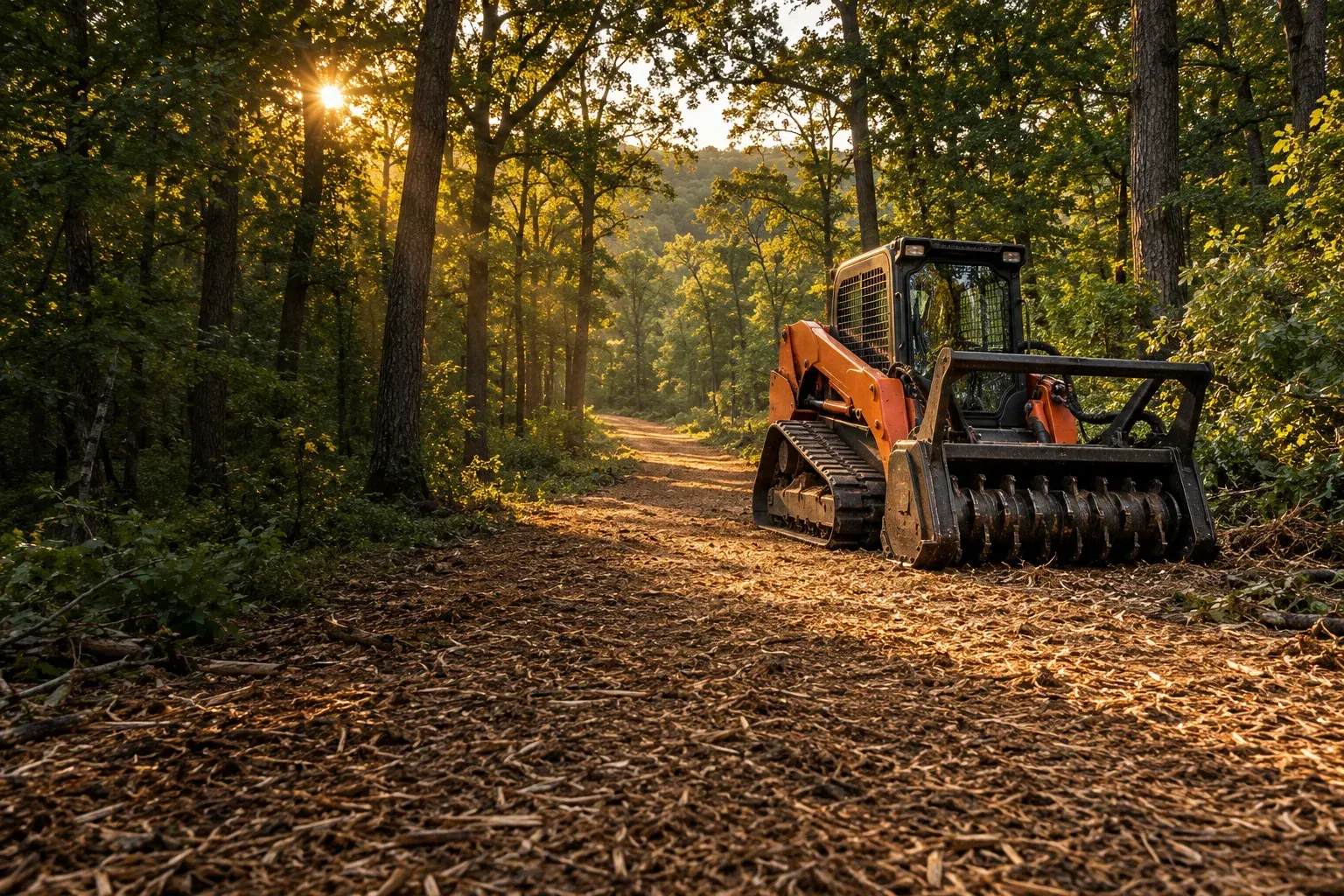 Orange tractor clearing a leaf-covered forest path at sunset