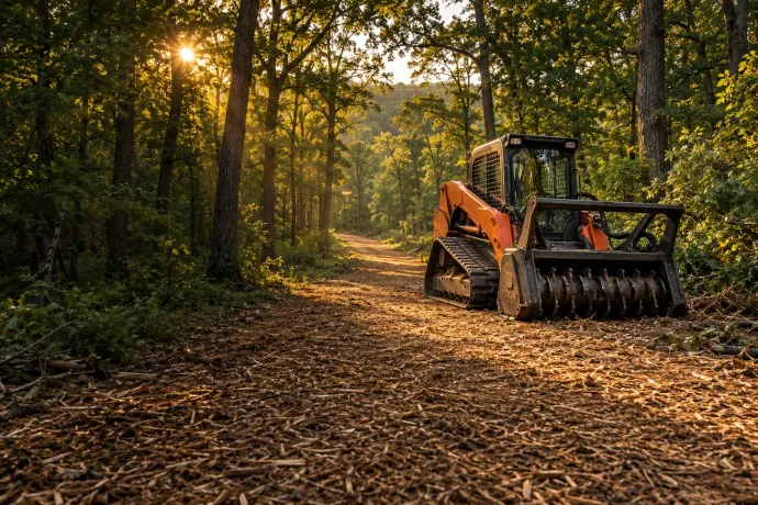 Orange tractor clearing a leaf-covered forest path at sunset