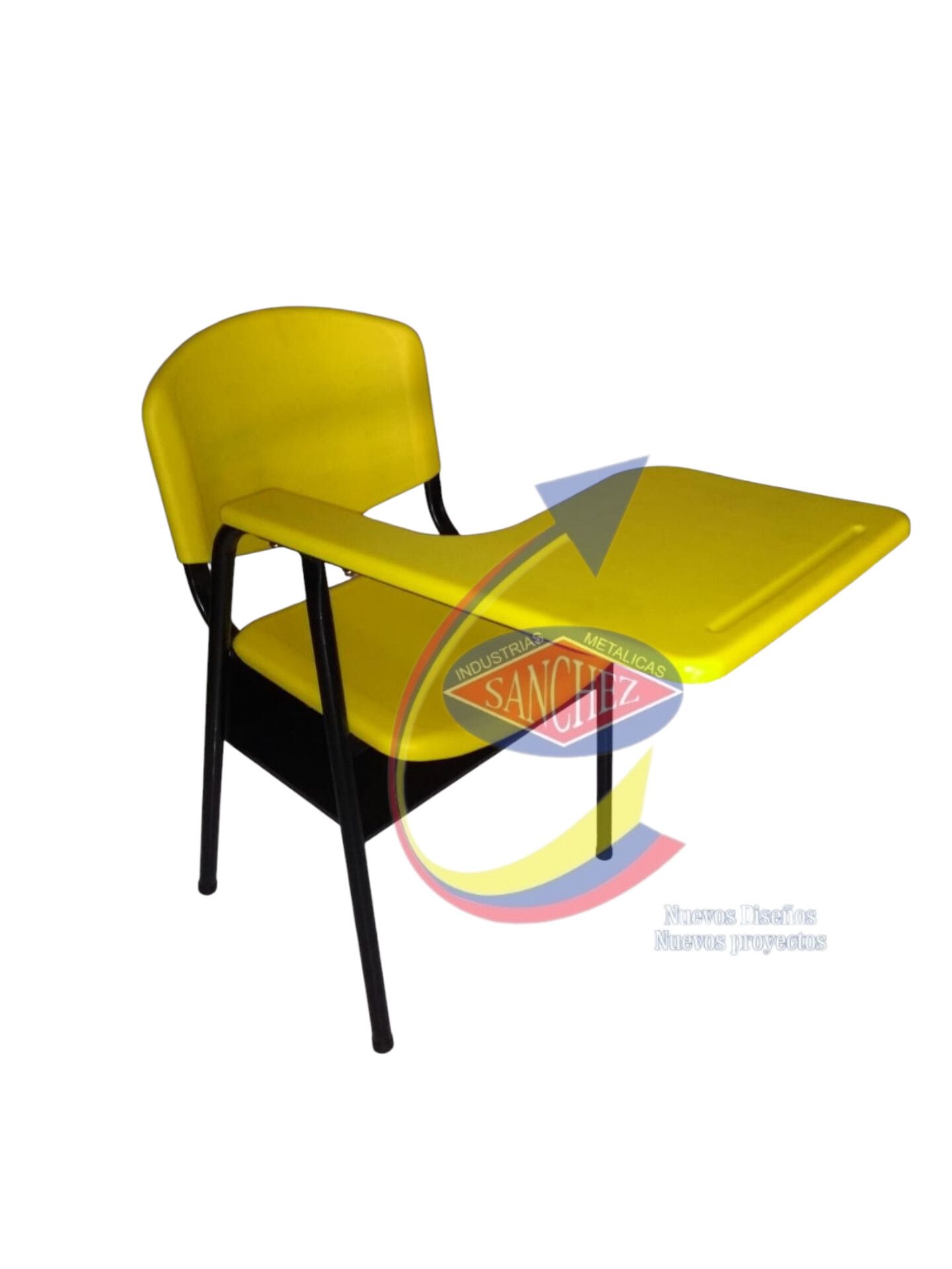 Silla de escritorio amarilla con superficie de escritura incorporada sobre una estructura negra, vista lateral en ángulo.