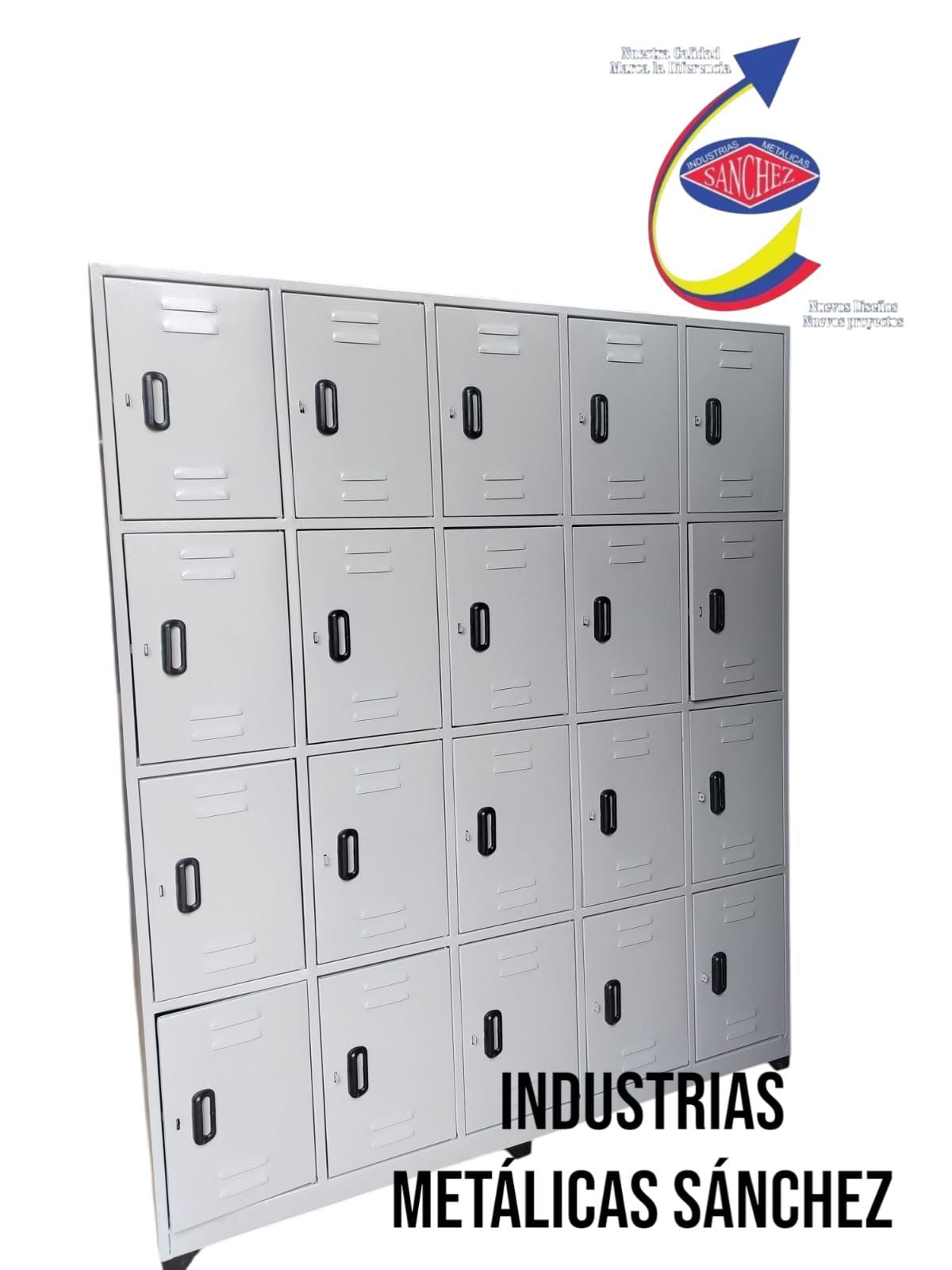 Taquillas o armarios de metal blanco con el logotipo y el texto “Industrias Metálicas Sánchez” sobre un fondo blanco.