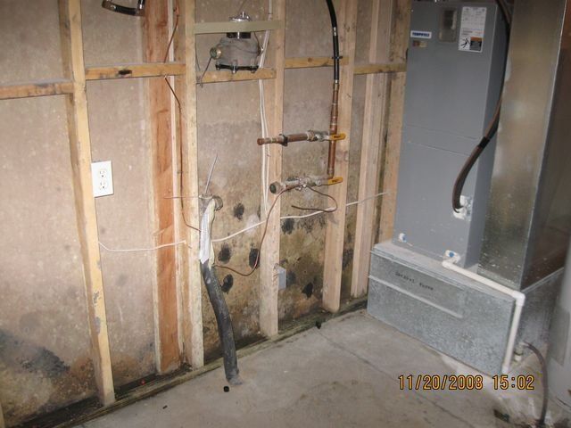 Mold-damaged room corner with black mildew stains along the lower white walls and carpeted floor