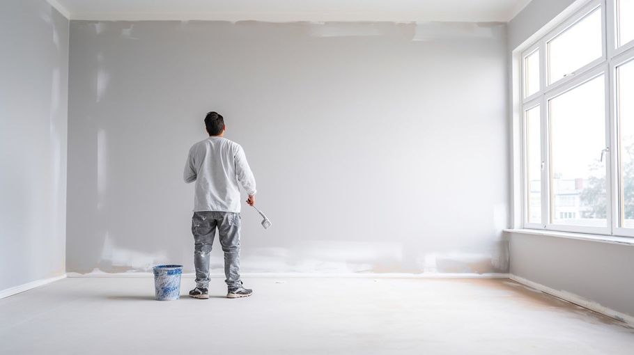 Person painting a bright, empty room with a large window and a paint bucket on the floor