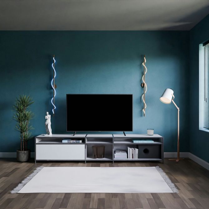 Modern living room with teal wall, TV console, floor lamp, potted plant, and white rug