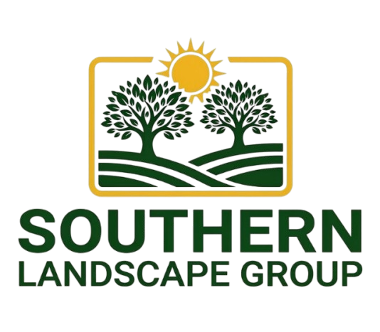 Logo for Southern Landscape Group with two green trees and a yellow sun inside a rectangle above the company name.