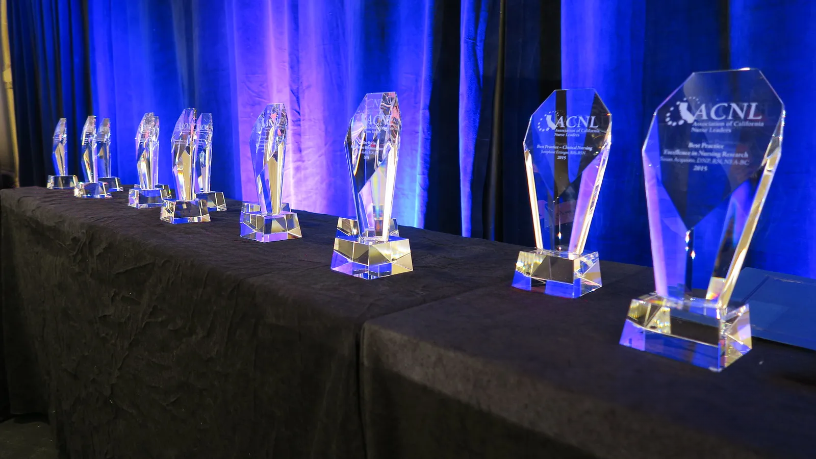 A row of trophies are lined up on a table.