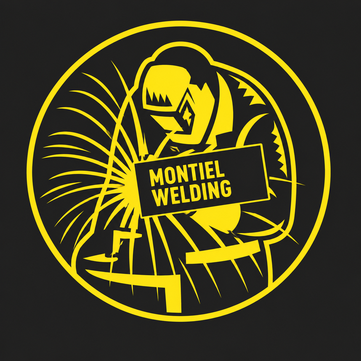 A logo for Montiel Welding in Clovis, NM, featuring a welder in a protective helmet with a welding torch and sparks.