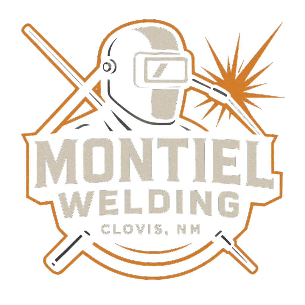 A logo for Montiel Welding in Clovis, NM, featuring a welder in a protective helmet with a welding torch and sparks.