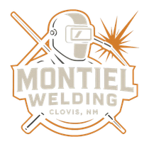 A logo for Montiel Welding in Clovis, NM, featuring a welder in a protective helmet with a welding torch and sparks.