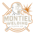A logo for Montiel Welding in Clovis, NM, featuring a welder in a protective helmet with a welding torch and sparks.