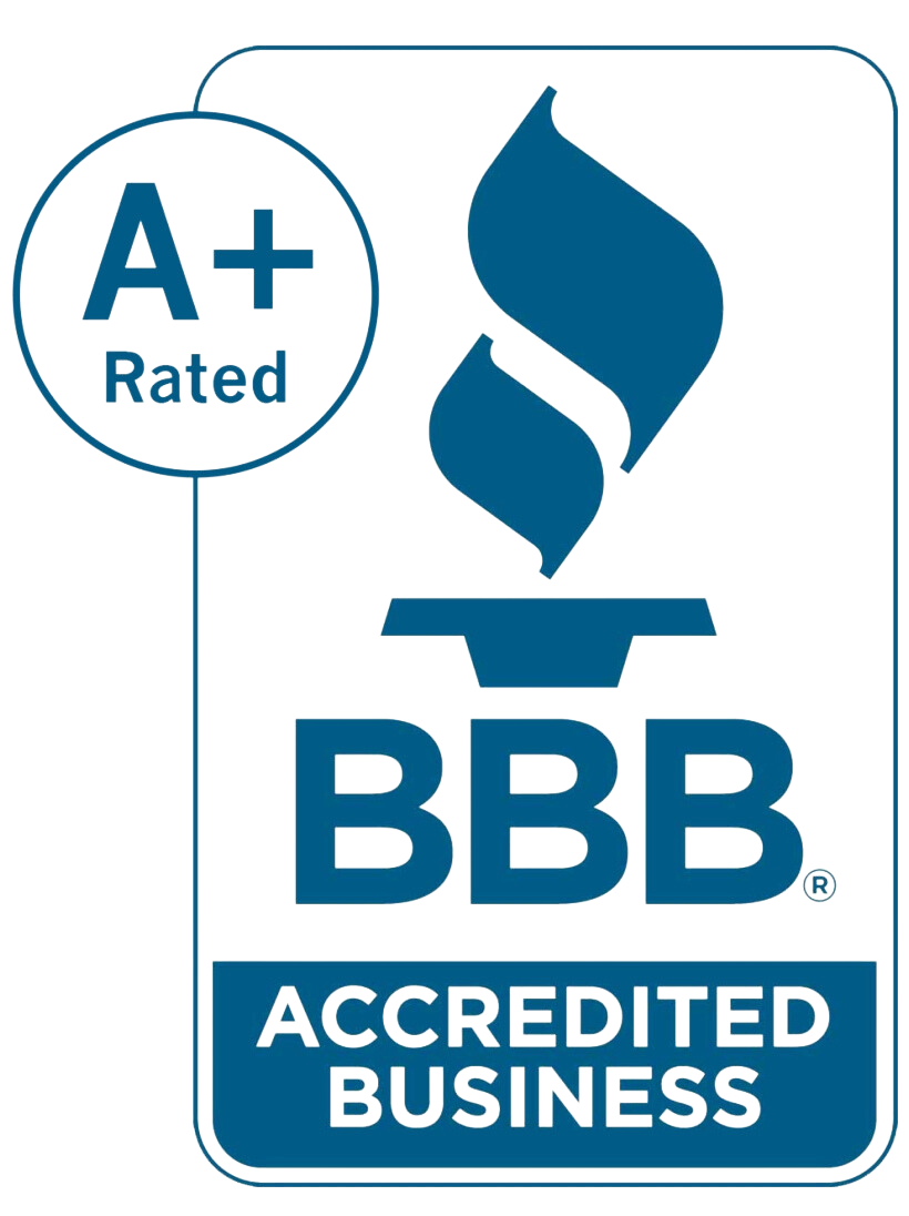 BBB Accredited Business logo, blue and white, with an A+ rating badge.