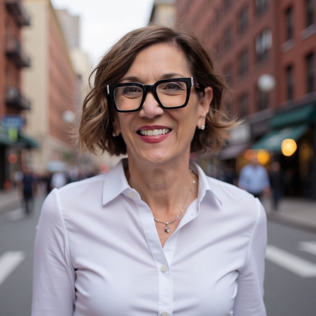 A woman wearing glasses and a white shirt is standing on a city street.