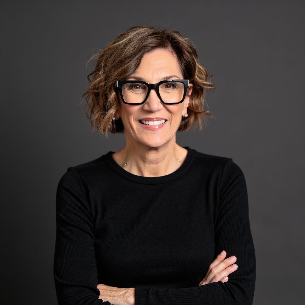 A woman wearing glasses and a black shirt is smiling with her arms crossed.
