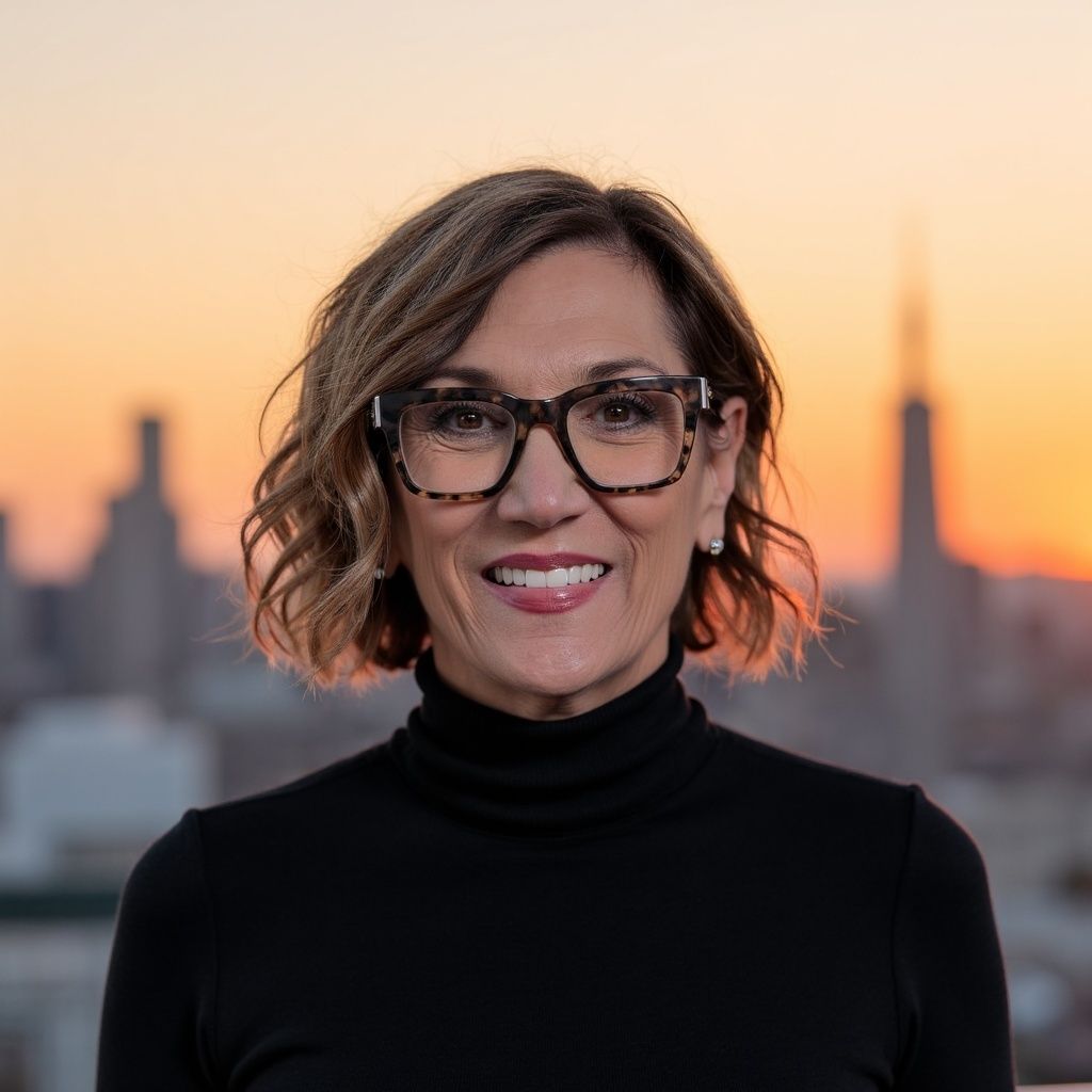 A woman wearing glasses and a black turtleneck is smiling for the camera.