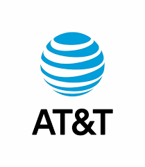 AT&T logo with blue striped globe icon above black text on a white background