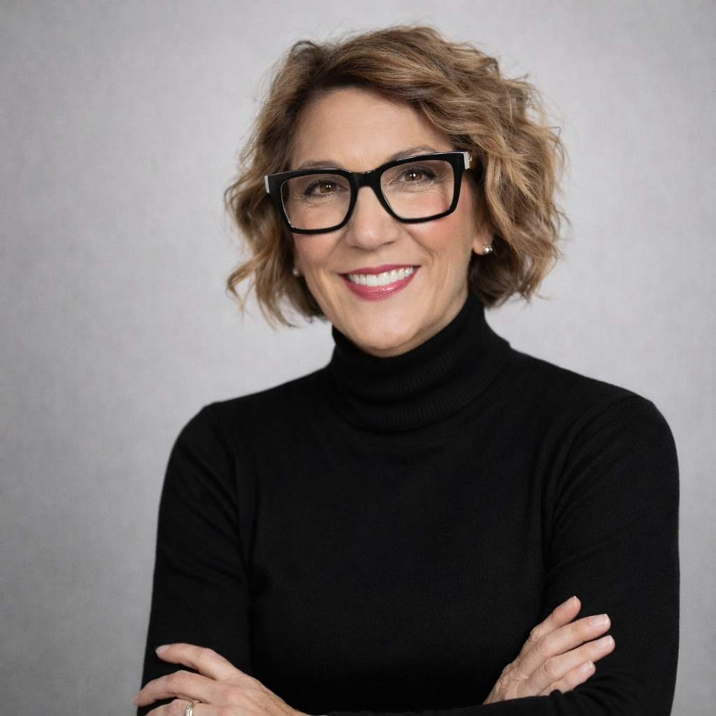 A woman wearing glasses and a black turtleneck is smiling for the camera.