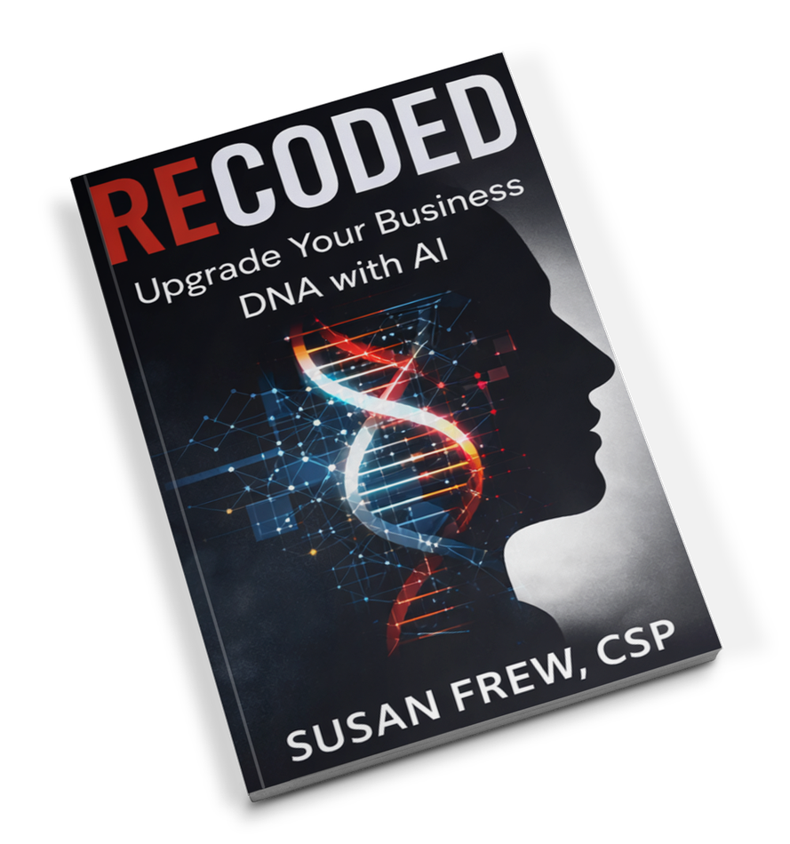 Book cover titled “DECODED” with DNA helix and profile silhouette, subtitle “Upgrade Your Business DNA with AI”