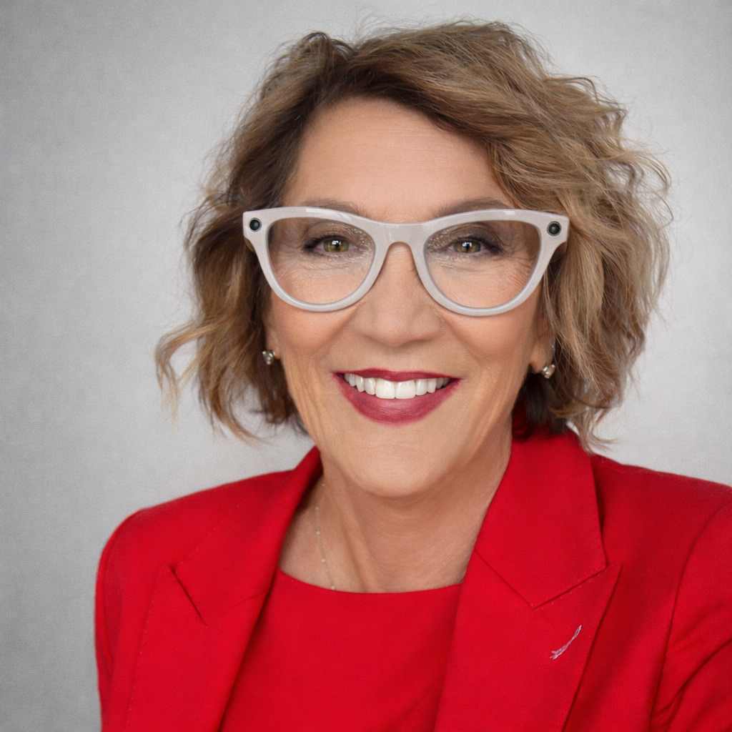 A woman wearing glasses and a suit is smiling for the camera.