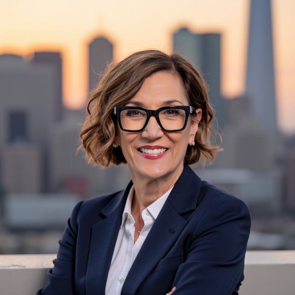 A woman wearing glasses and a suit is smiling for the camera.