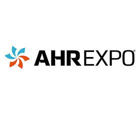 AHR Expo logo with blue and orange pinwheel icon and black text on white background