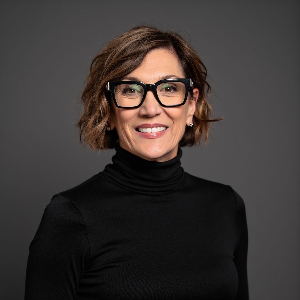 A woman wearing glasses and a black turtleneck is smiling for the camera.