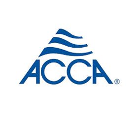 The logo for acca is blue and white