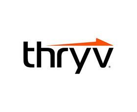 A black and orange logo for thryv with an orange arrow.