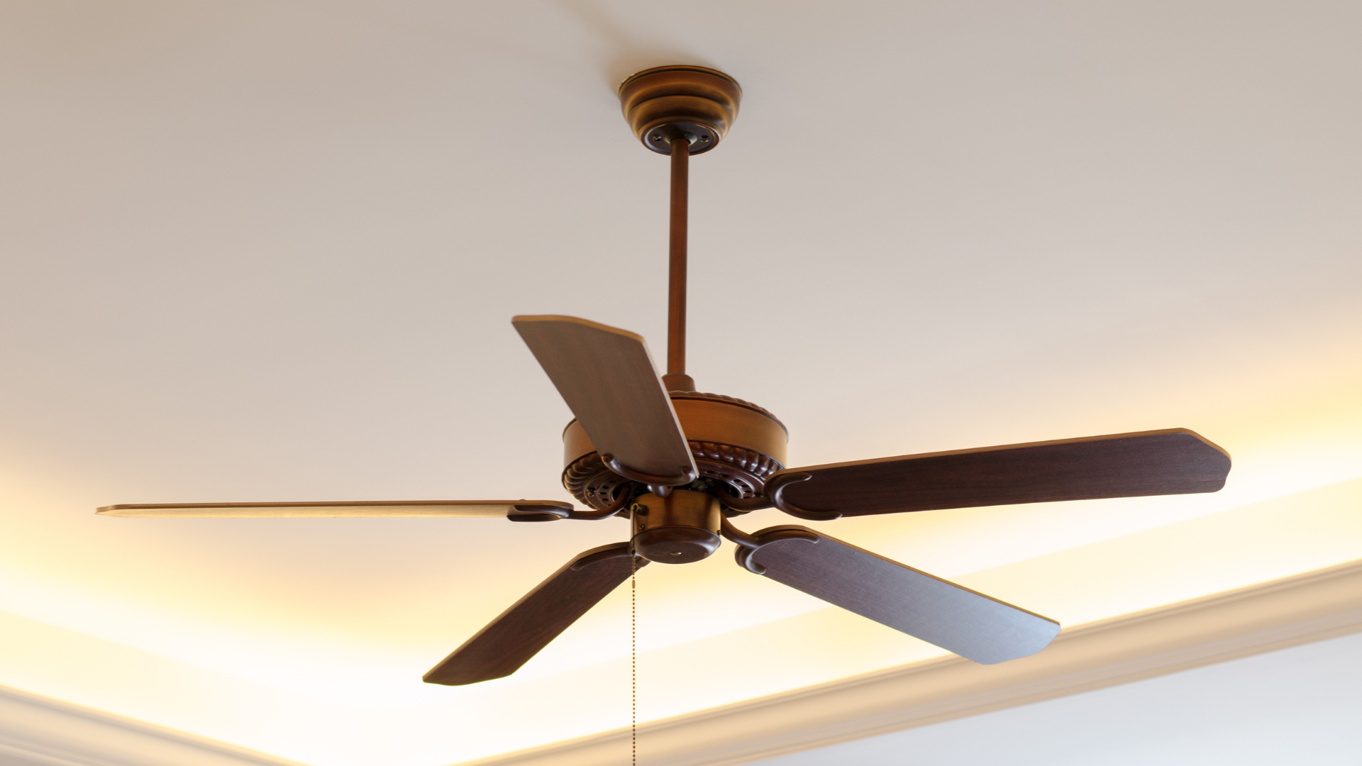 Ceiling fan with five dark brown blades, centered in a room with a white ceiling.
