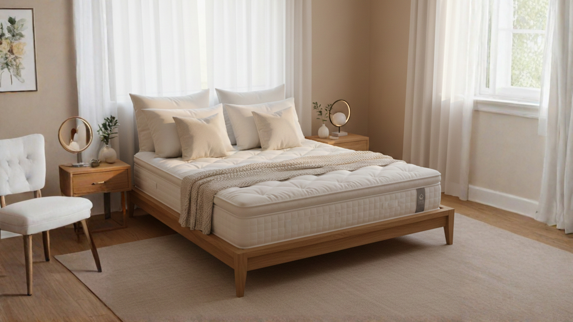 Bedroom with bed, nightstands, chair, artwork, and window with curtains. Soft, neutral color scheme.