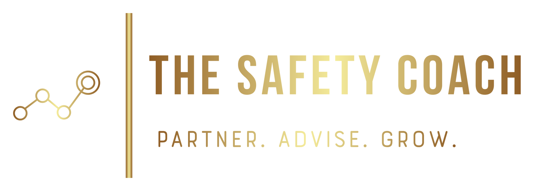 Logo for The Safety Coach, featuring gold text and a graphic of a line and circles. Text reads: Partner. Advise. Grow.