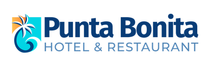 Logotipo para Punta Bonita Hotel & Restaurant: símbolo de palmera y ola, texto azul oscuro.