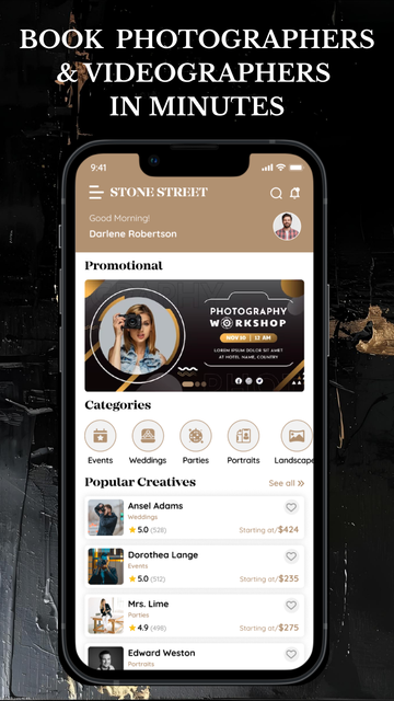 Stone Street search screen filtering photographers by niche, style, budget and location. Scroll through categories for photo/video work.
