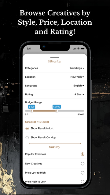Advanced filtered search for photographers and videographers based on location, pricing, popularity, niche, etc.