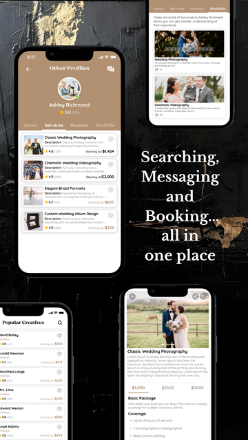 Easily message and book photographers  and videographers. View portfolios and reviews