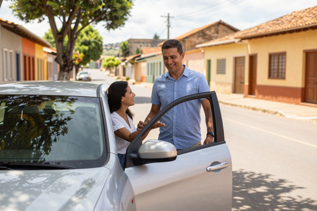 Motorista sorrindo cumprimentando passageiro ao lado do carro em Oliveira, MG