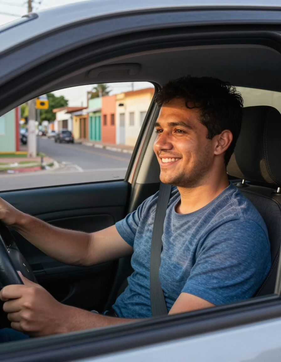 Motorista sorrindo dentro do carro em Oliveira, MG