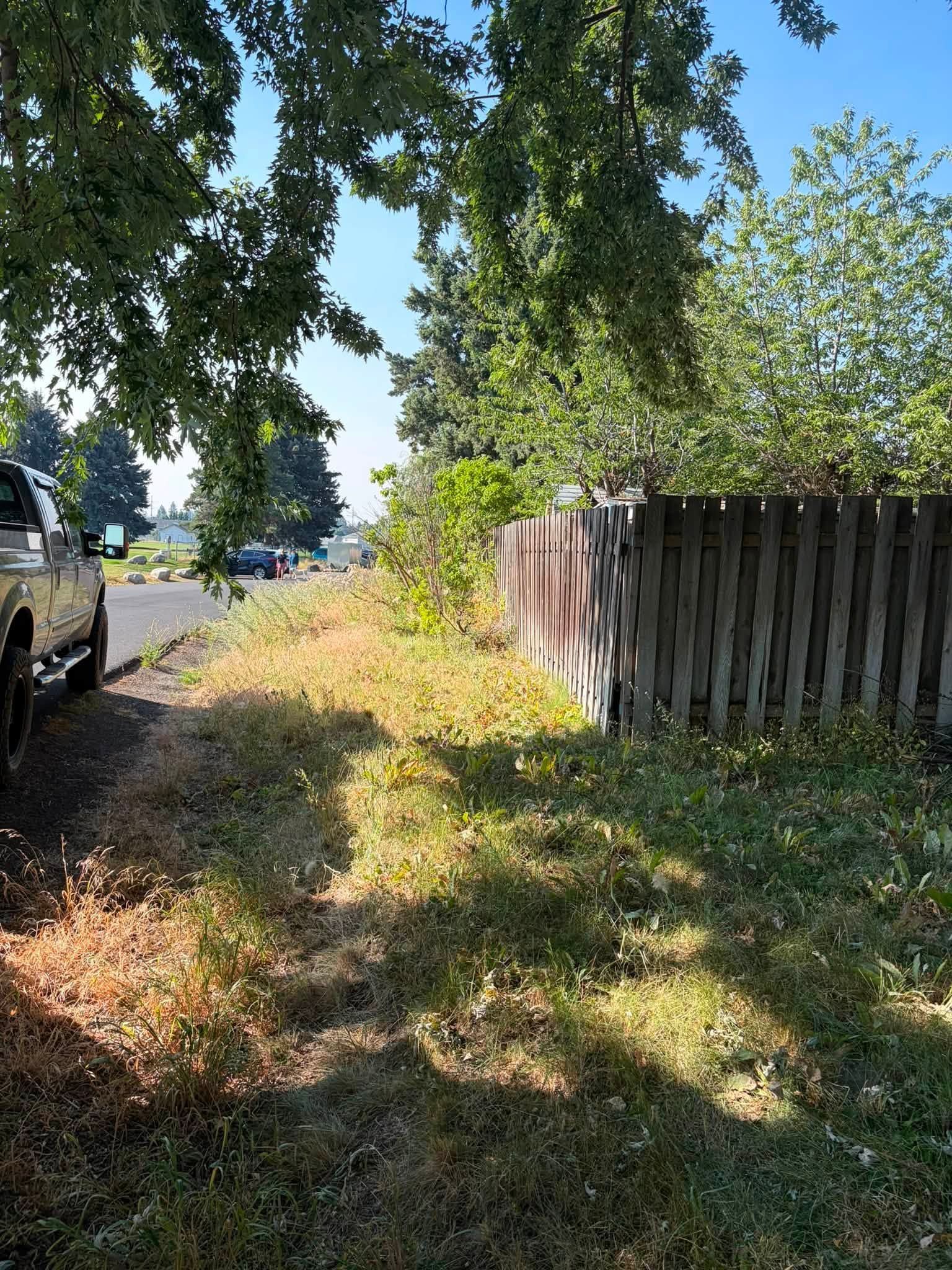 Shaded grassy path beside a wooden fence, with a parked vehicle and trees in bright sunlight