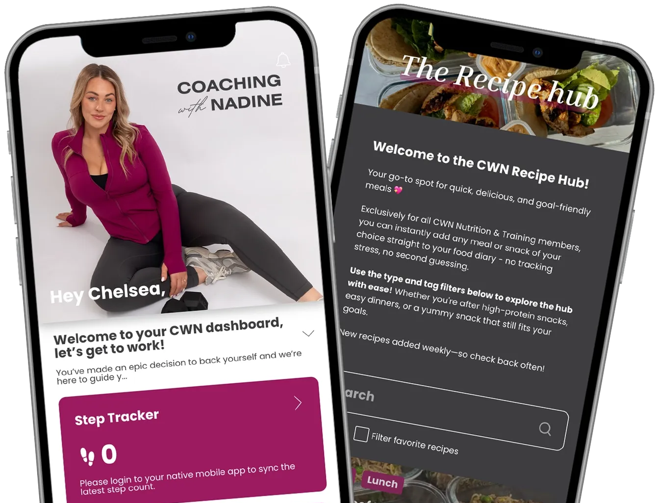 A woman is stretching on a phone next to a phone with a hamburger on it.