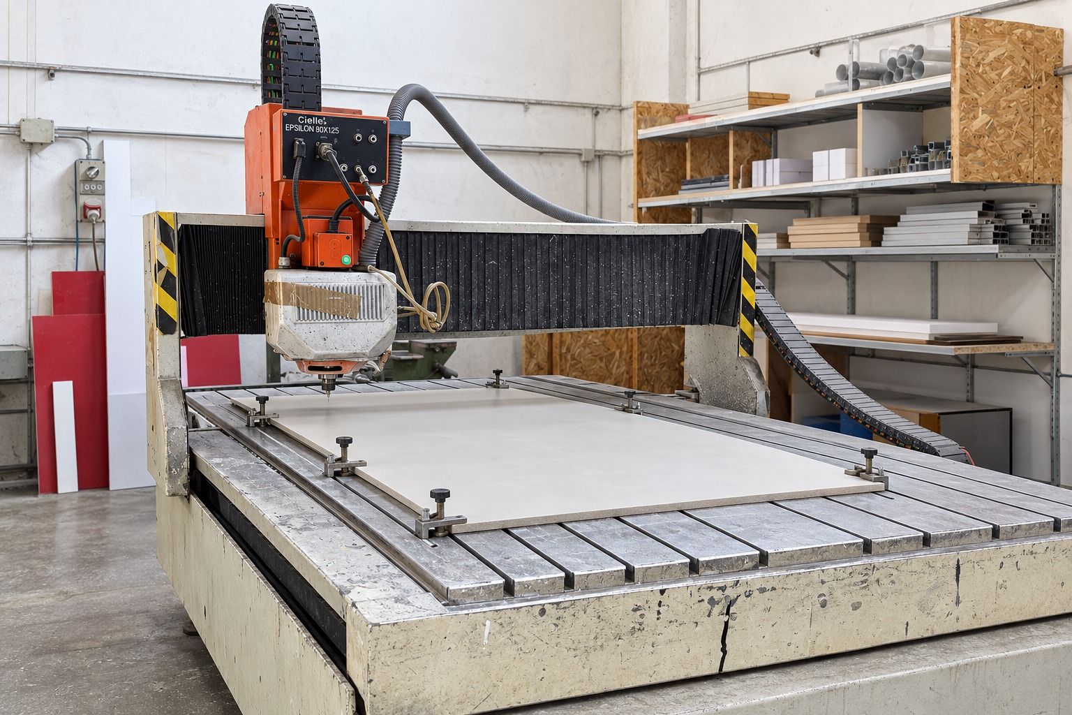 In un'officina, una fresatrice CNC taglia una grande tavola, con scaffali e utensili sullo sfondo.
