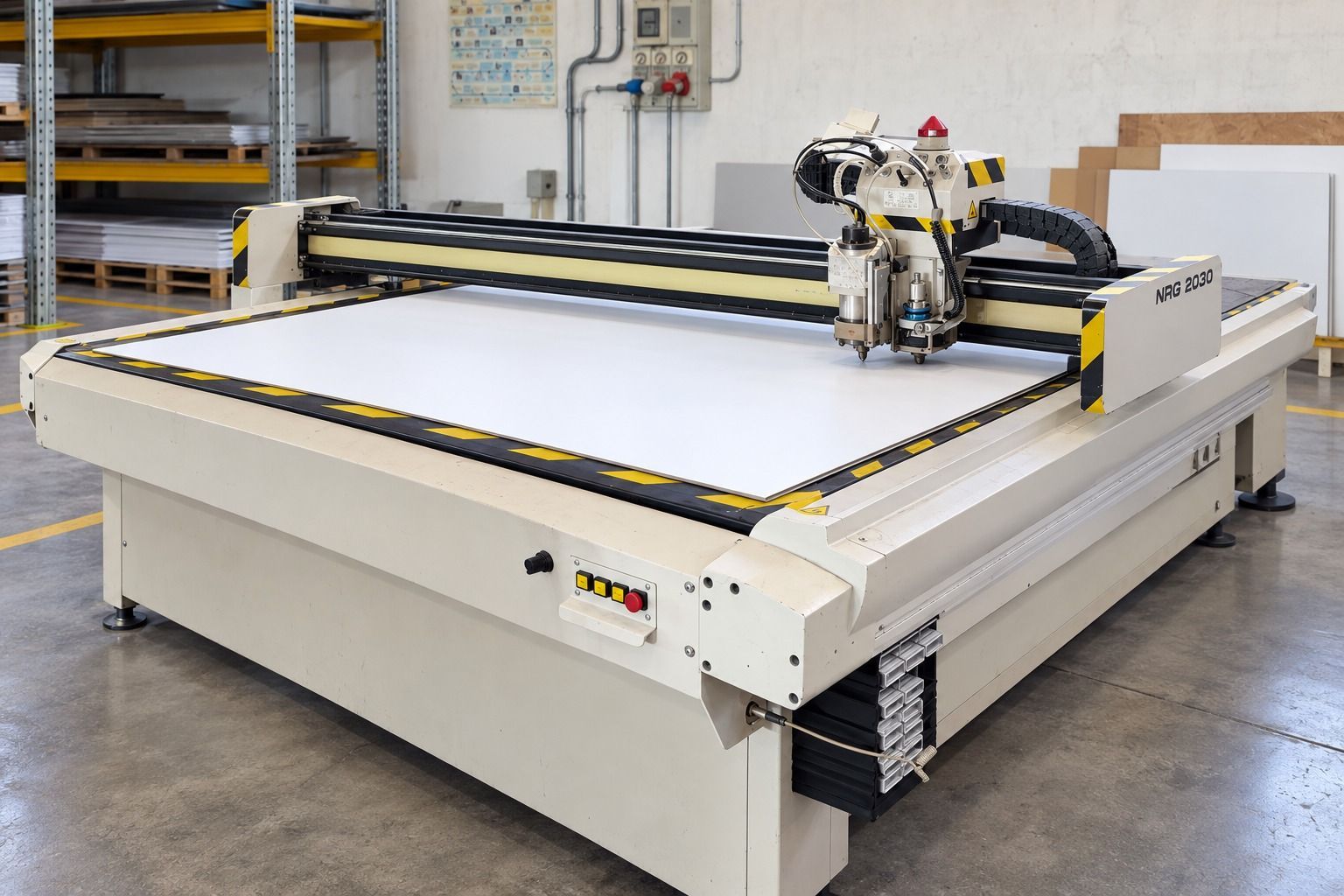 Una grande macchina da taglio a pianale ribassato in un'officina, con materiale bianco sul piano di lavoro e un braccio robotico soprastante.