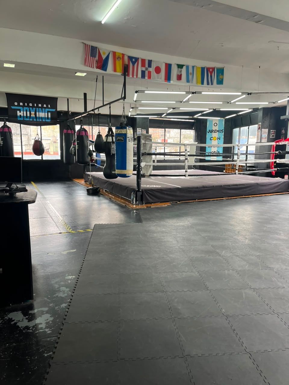 Gimnasio de boxeo vacío con un ring de lucha libre, banderas colgadas y colchonetas en el suelo.
