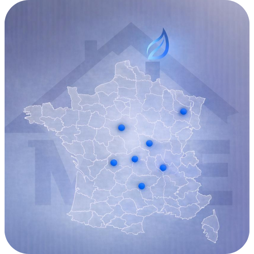 Carte bleue de France avec des marqueurs de localisation lumineux et une icône de maison sur fond clair