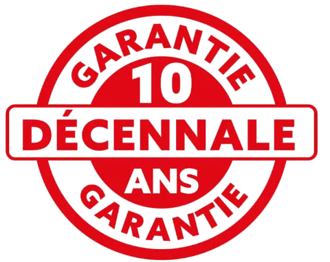 Sceau de garantie rouge avec la mention « 10 décennale ans garantie » en rouge et blanc