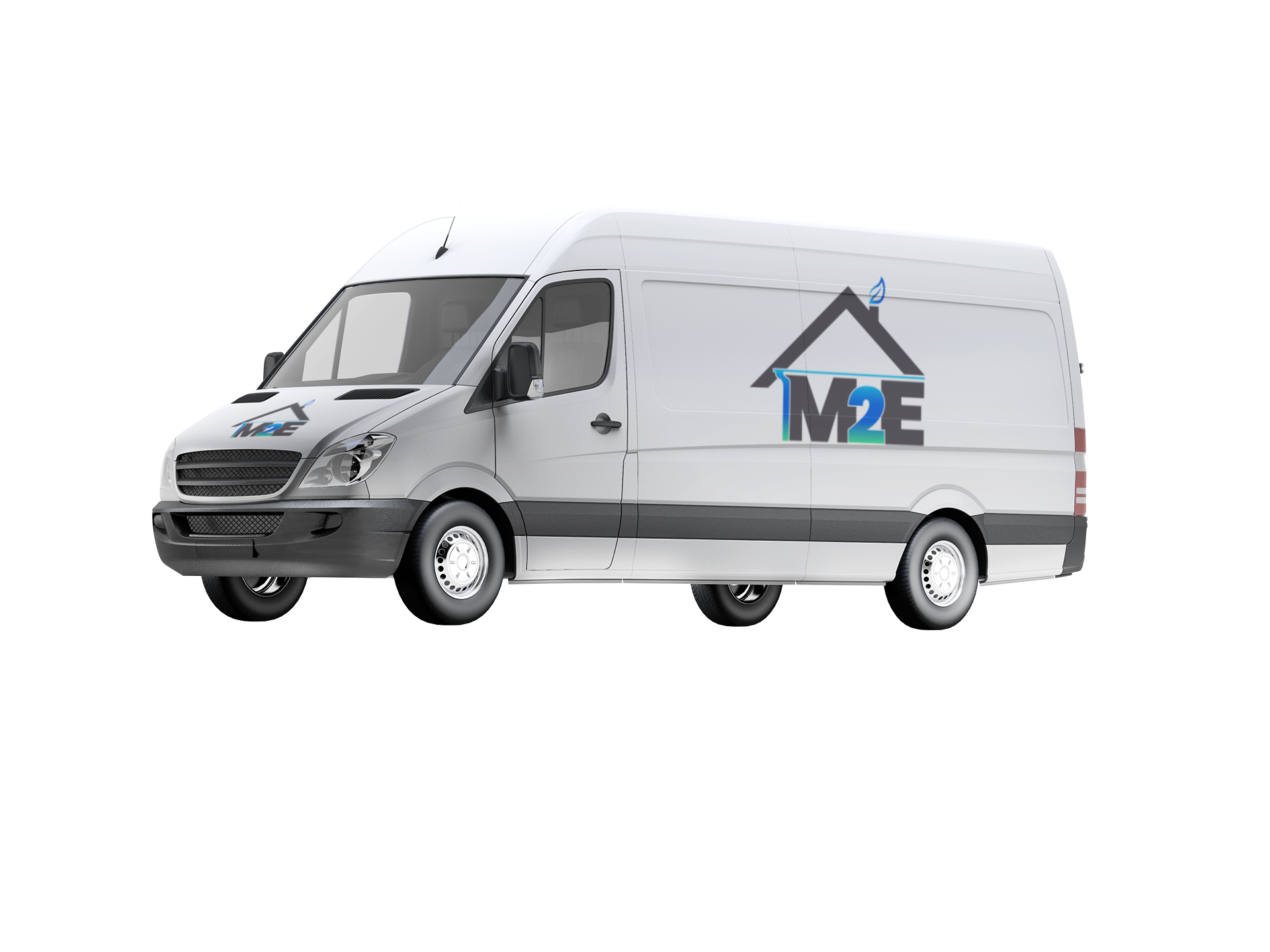 Camionnette de livraison blanche avec le logo M2E sur le côté, isolée sur fond blanc