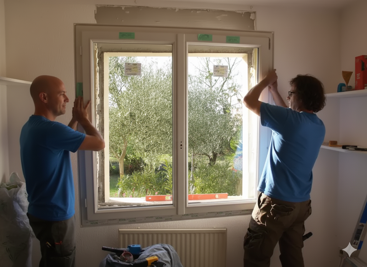 Deux personnes installent un cadre de fenêtre blanc dans une pièce, avec des outils et la lumière du jour à l'extérieur