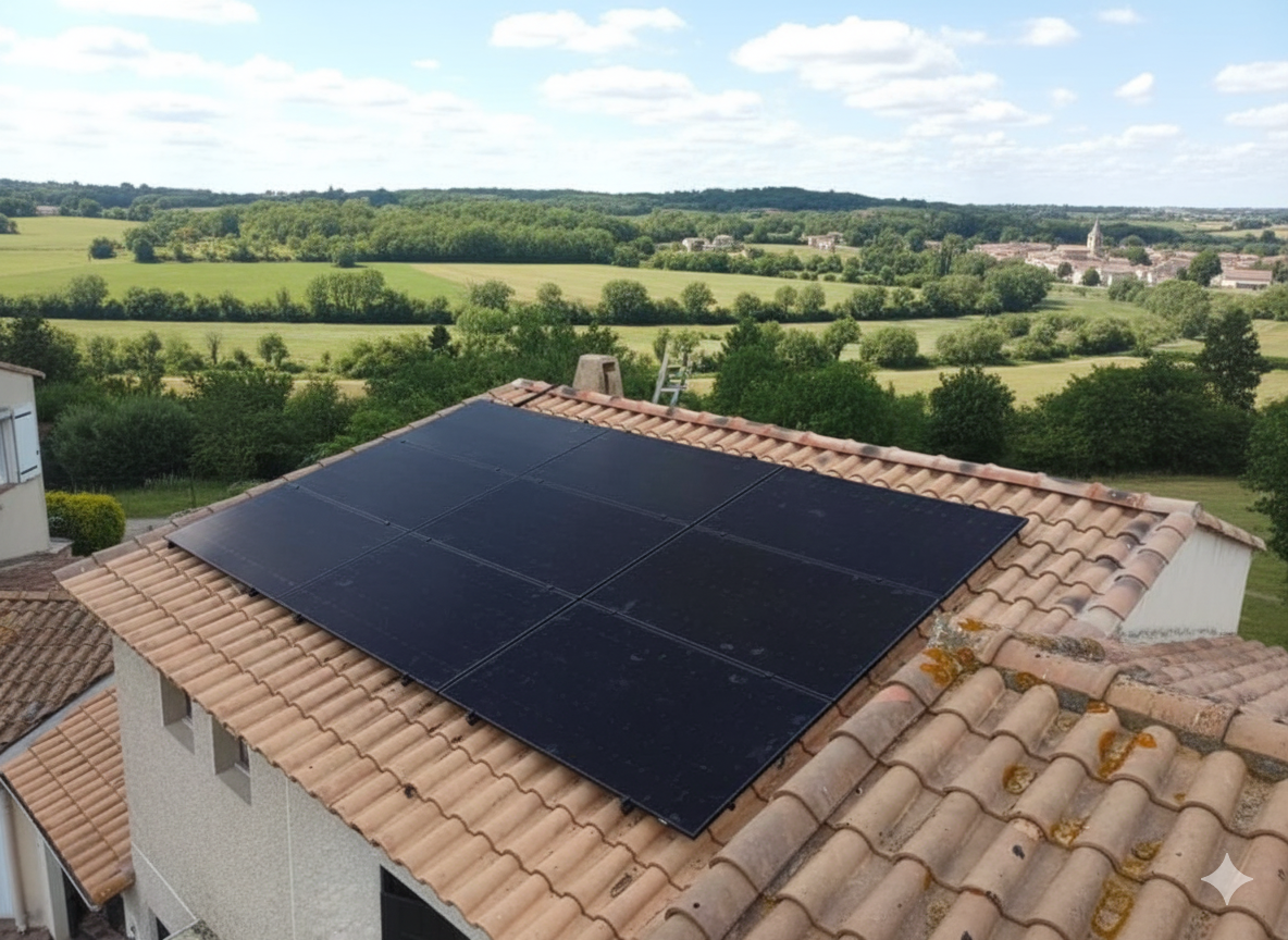 Des panneaux solaires sur un toit de tuiles donnant sur des champs verdoyants
