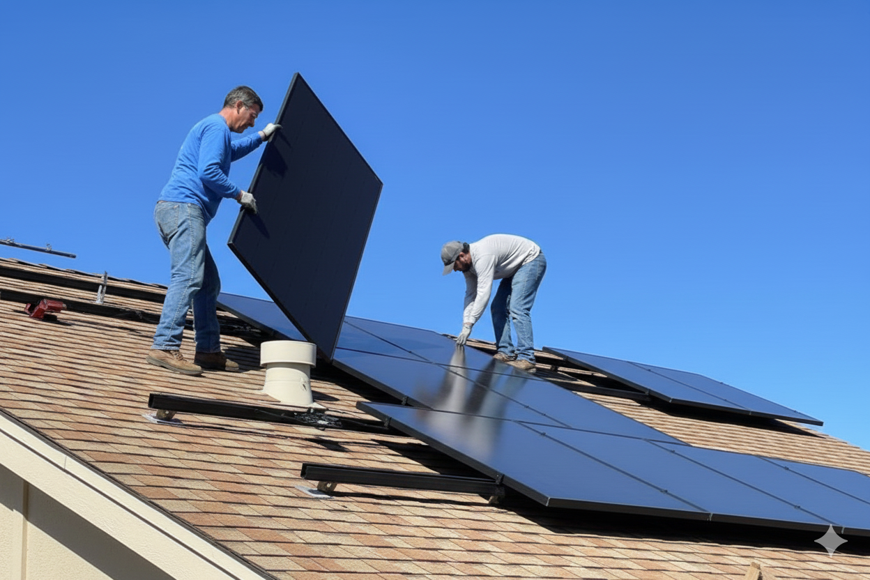Deux ouvriers installent des panneaux solaires noirs sur un toit sous un ciel bleu dégagé.