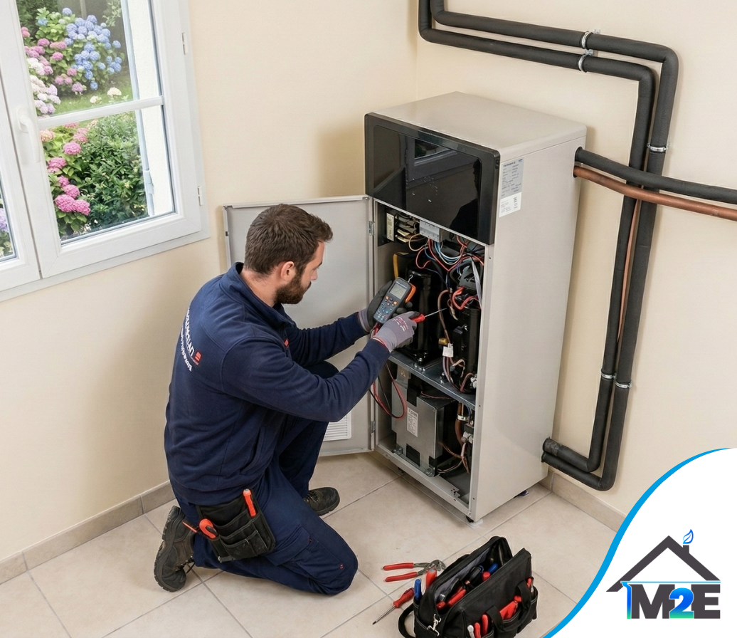 Un technicien en salopette bleue répare un système de chauffage, de ventilation et de climatisation dans une pièce avec une fenêtre, des outils devant lui.