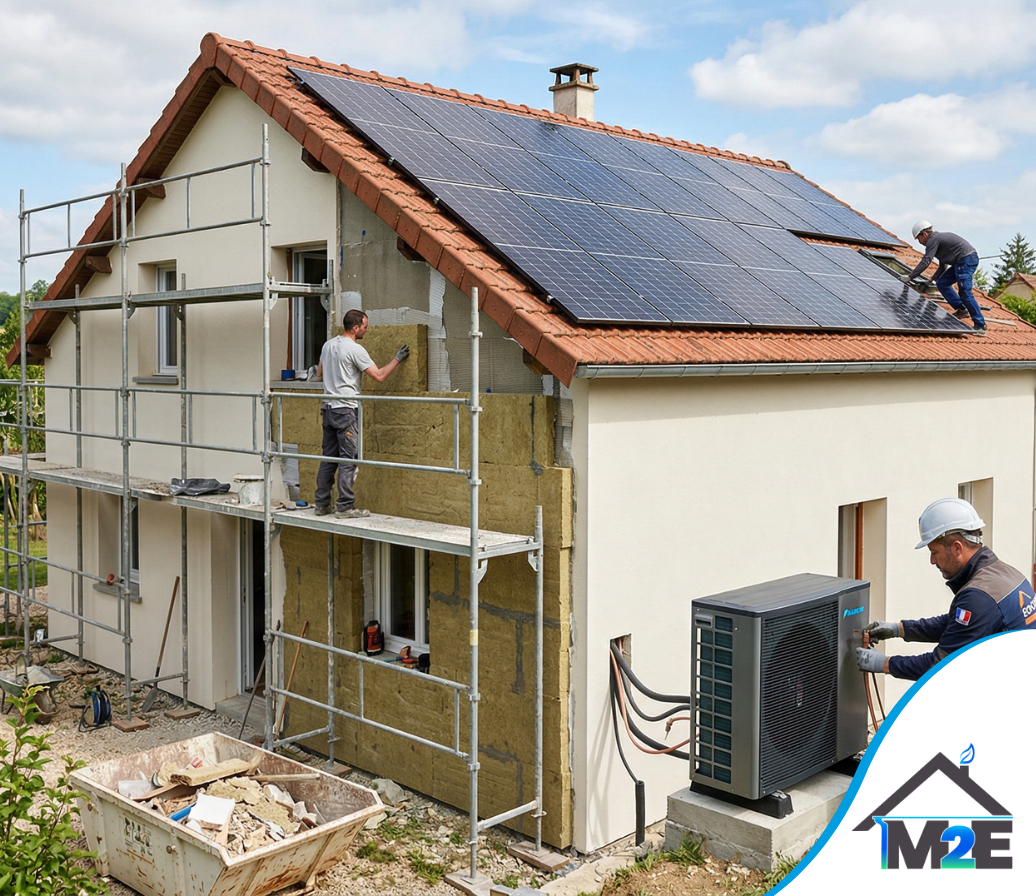 Des ouvriers du bâtiment installent l'isolation extérieure et une pompe à chaleur sur une maison équipée de panneaux solaires sur le toit.