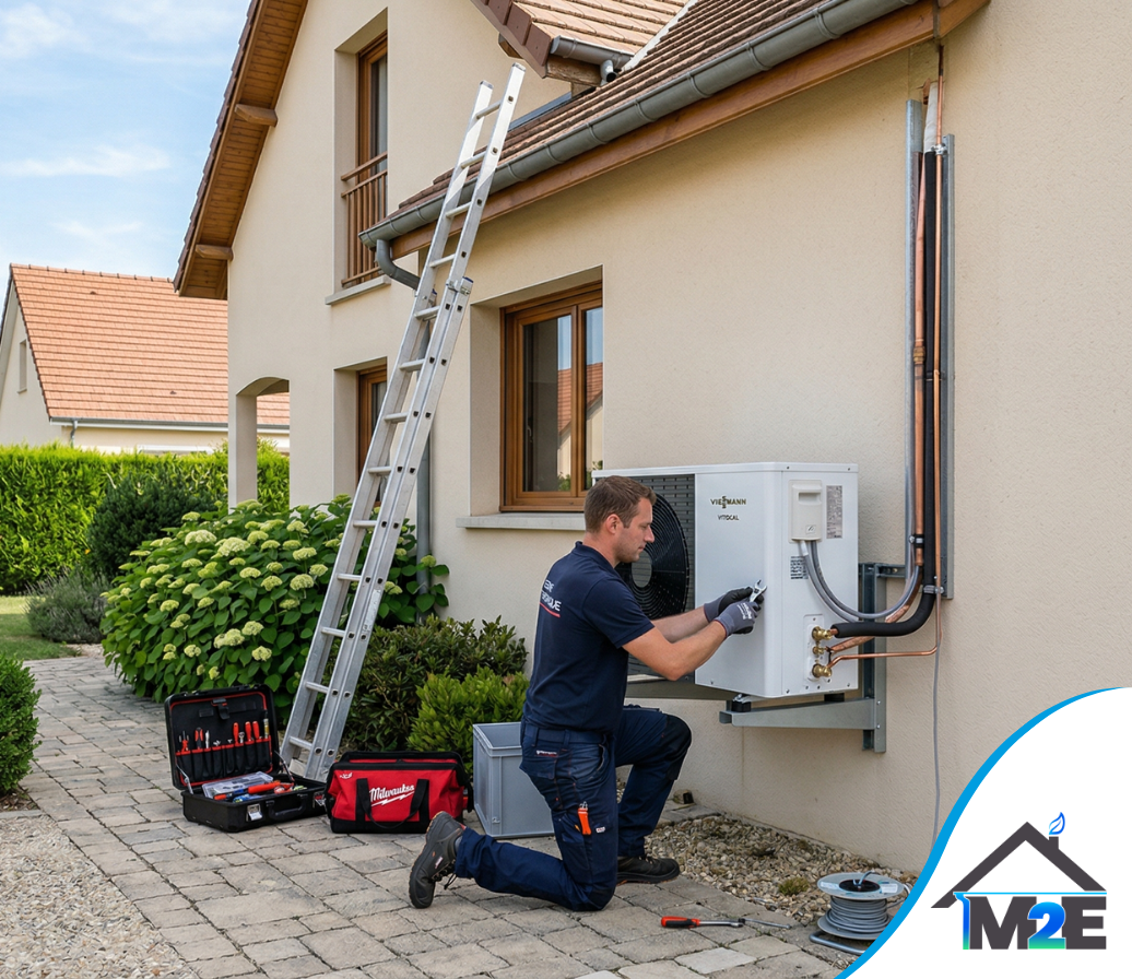 Un technicien en tenue de travail agenouillé pour installer ou réparer une unité de pompe à chaleur extérieure murale sur le toit d'une maison.