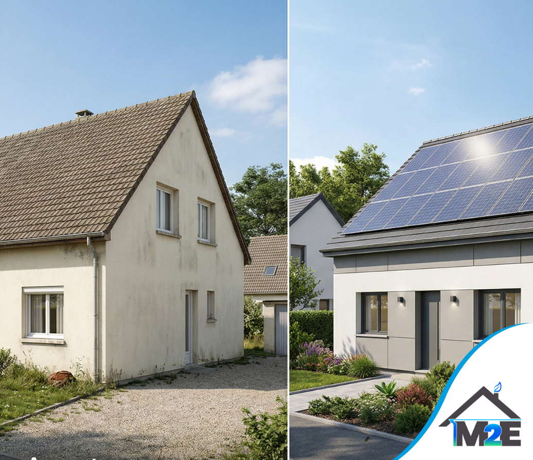 Comparaison en écran partagé d'une maison avant et après rénovation, présentant un extérieur modernisé et des panneaux solaires.